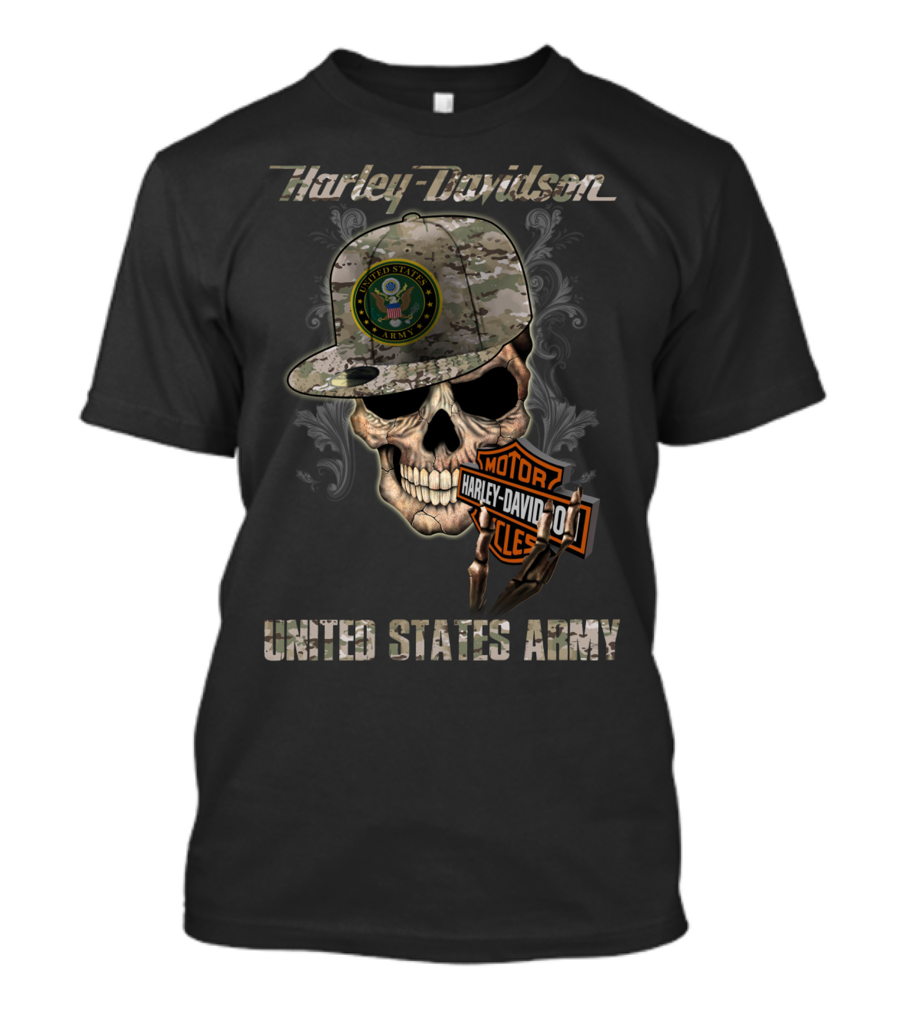 Harley Davidson United States Army Skull With Camo Cap And Motorcycles Badge T-Shirt