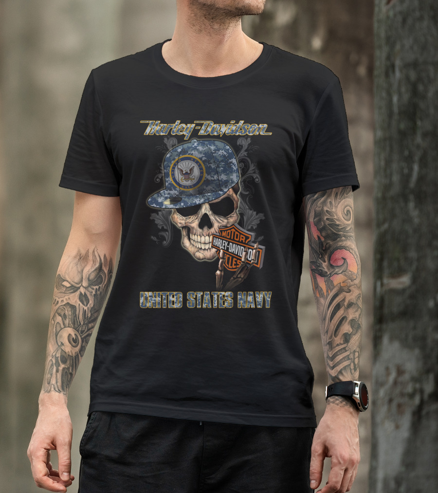 Harley Davidson United States Navy Skull With Camo Cap And Eagle T-Shirt