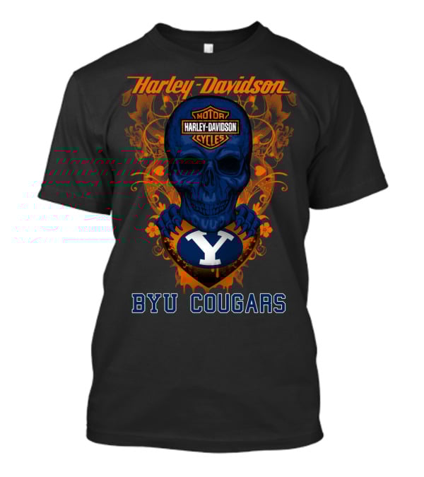 Harley Davidson Blue Skull With Byu Cougars T-Shirt