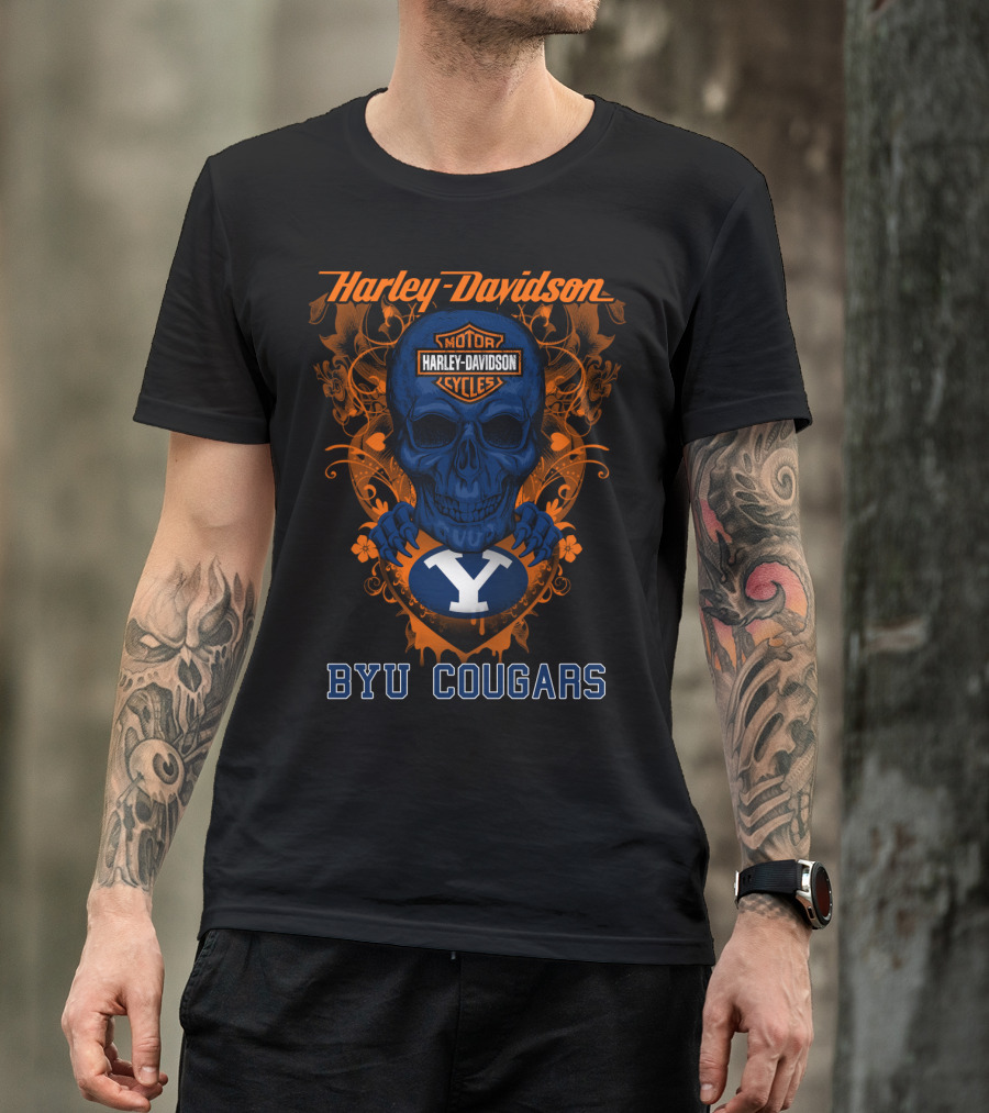Harley Davidson Blue Skull With Byu Cougars T-Shirt