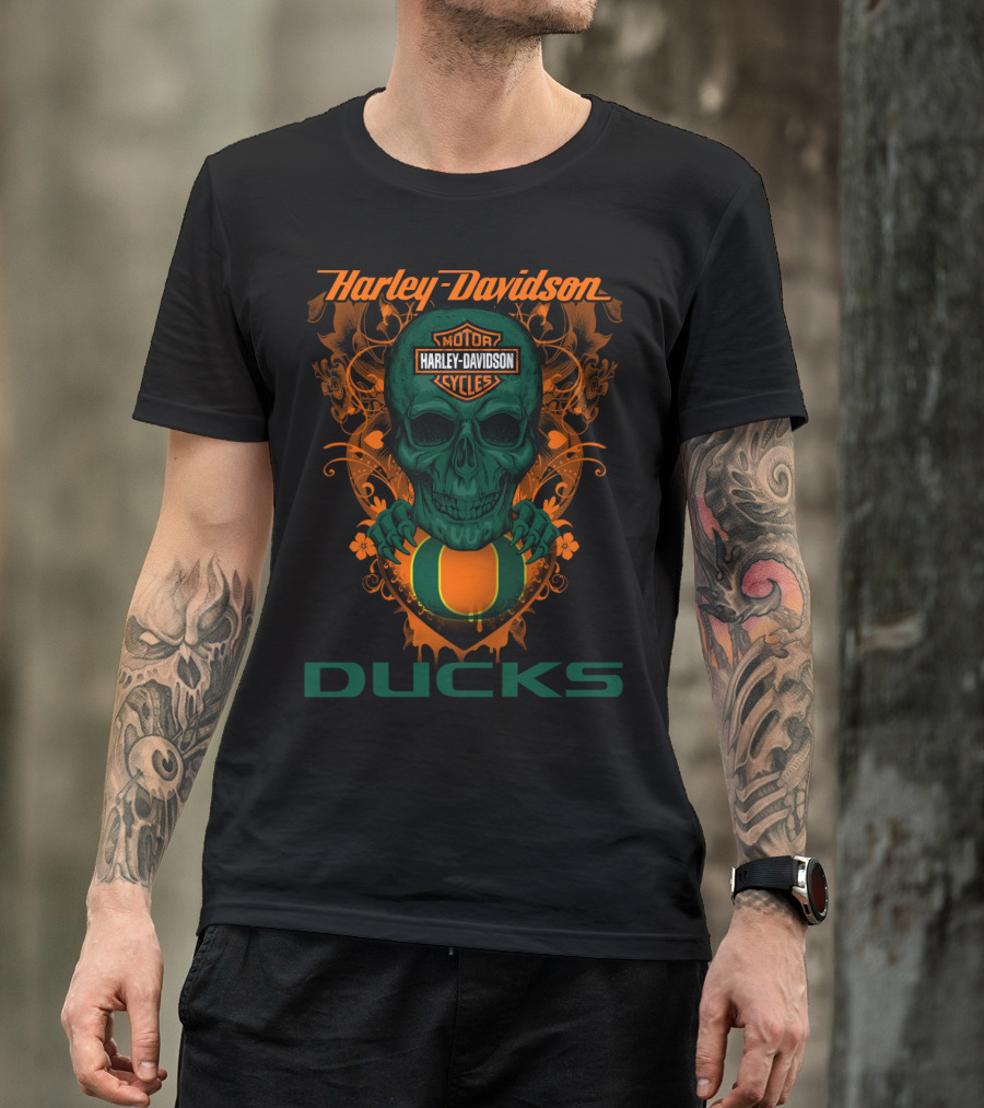 Harley Davidson Motorcycles Oregon Ducks Skulls T-Shirt