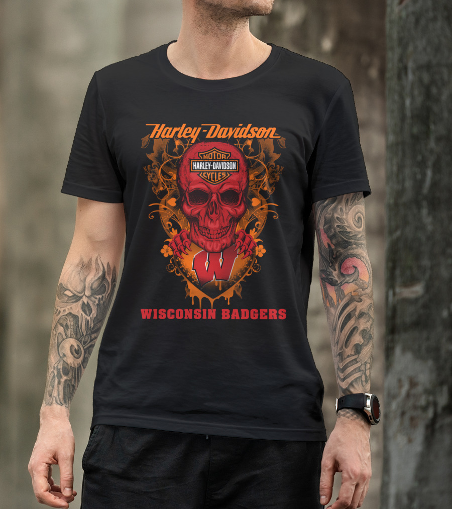 Harley Davidson Skull Motorcycles Wisconsin Badgers T-Shirt