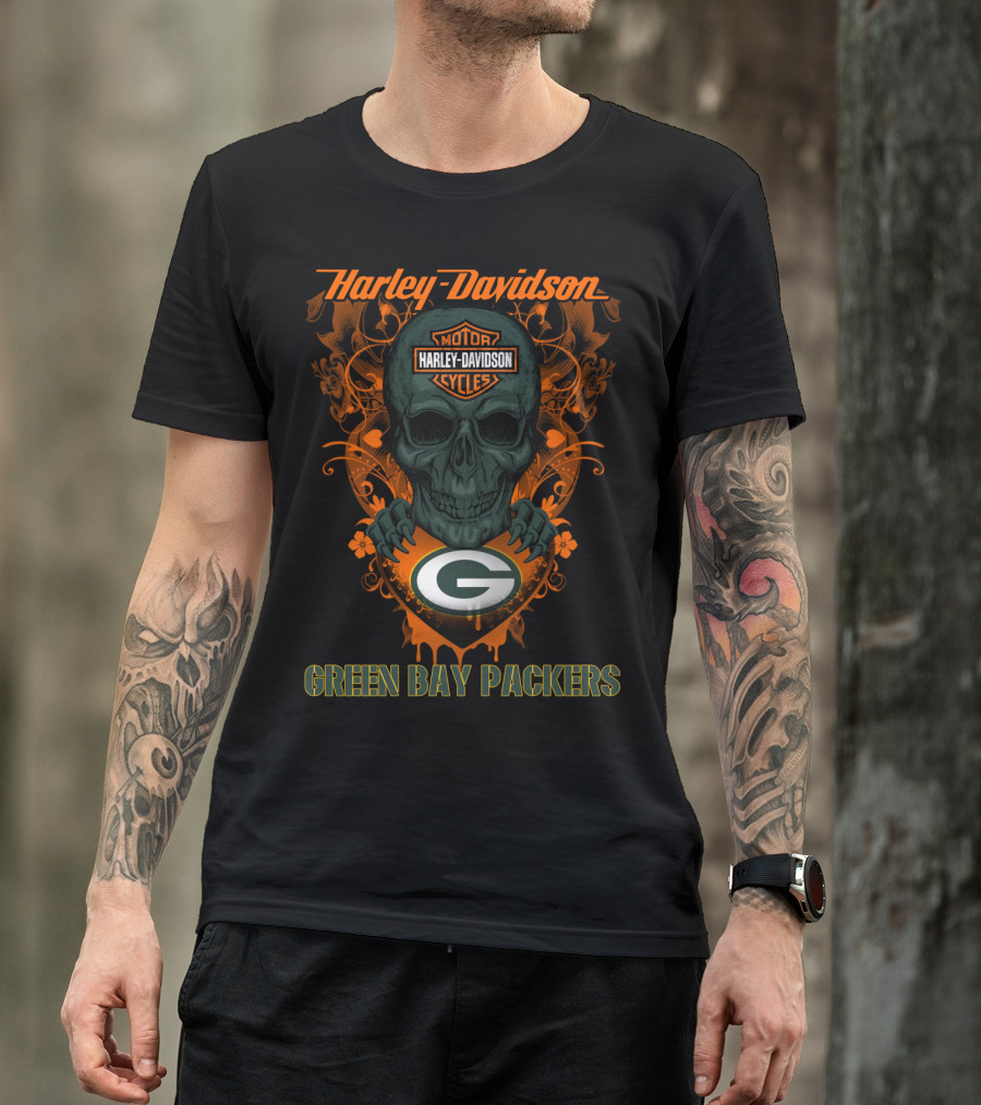 Harley Davidson Motor Cycles Skull Green Bay Packers T-Shirt