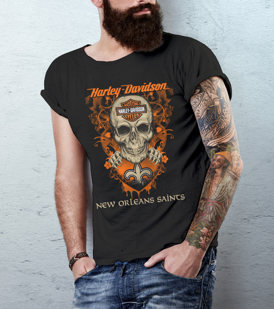 Harley Davidson New Orleans Saints Skull And Fleur-De-Lis T-Shirt