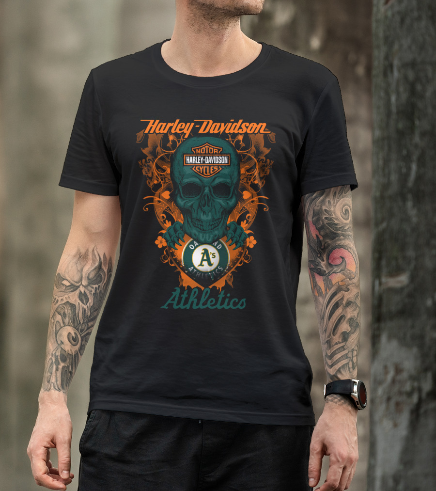 Harley Davidson Motor Cycles Skull Oakland Athletics T-Shirt