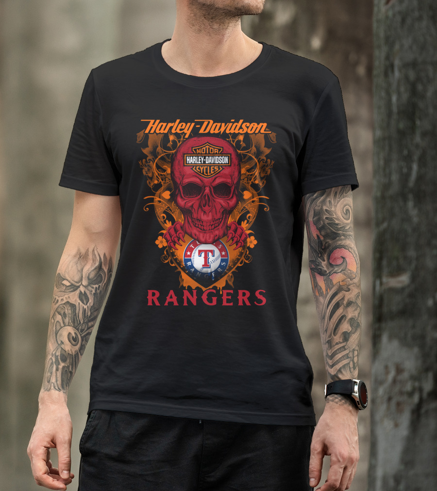 Harley Davidson Motor Cycles Skull Texas Rangers Mlb T-Shirt