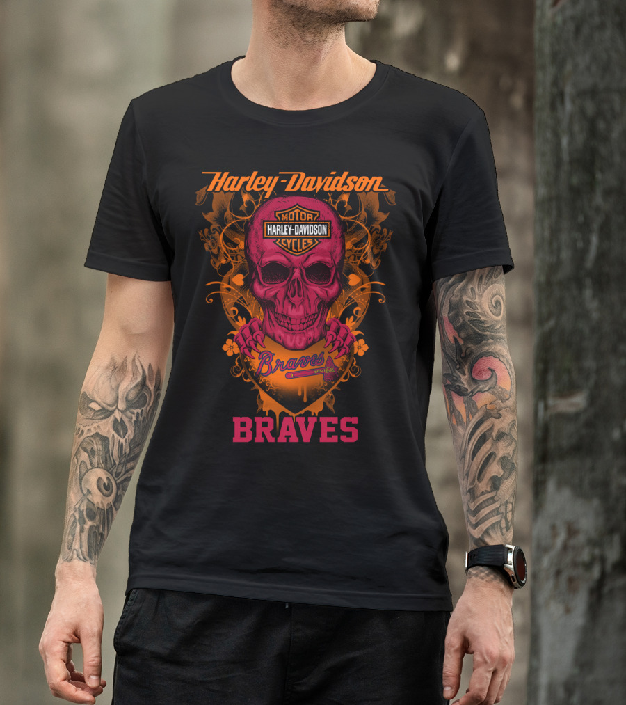Harley Davidson Braves Skull Design With Motor Cycles T-Shirt