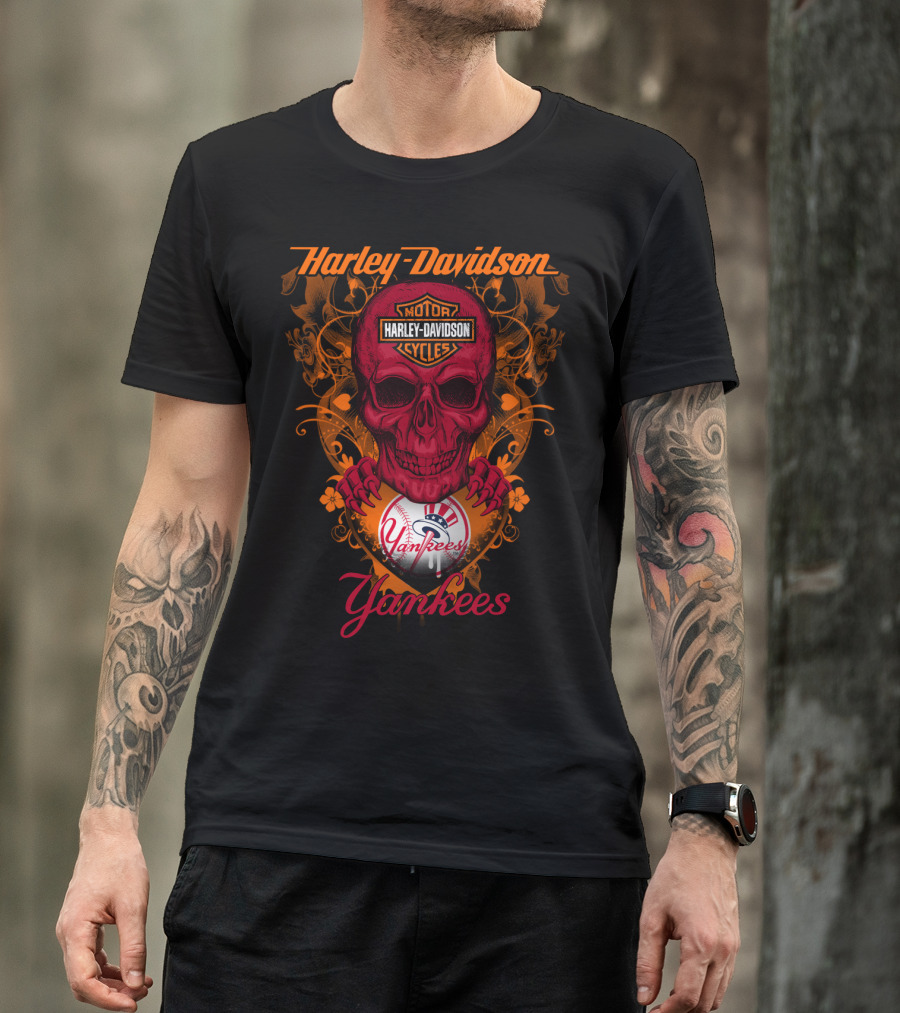 Harley Davidson Motor Cycles Skull Yankees T-Shirt