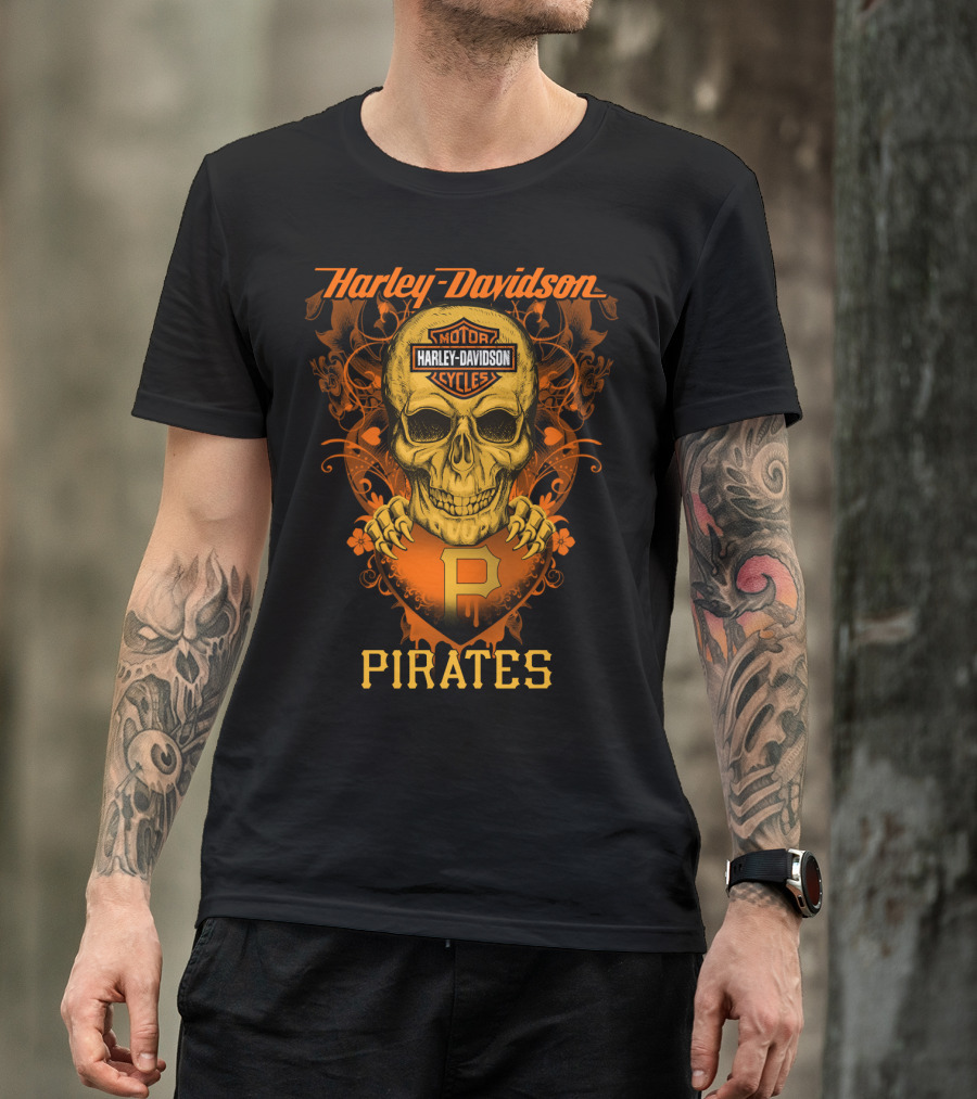 Harley Davidson Motor Cycles Skull Pittsburgh Pirates T-Shirt