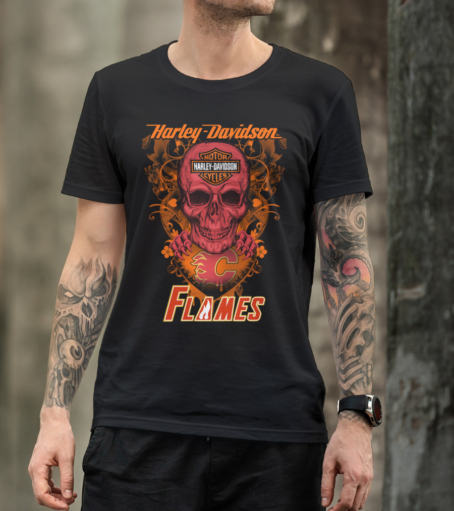 Harley Davidson Calgary Flames Nhl Skull Flames T-Shirt