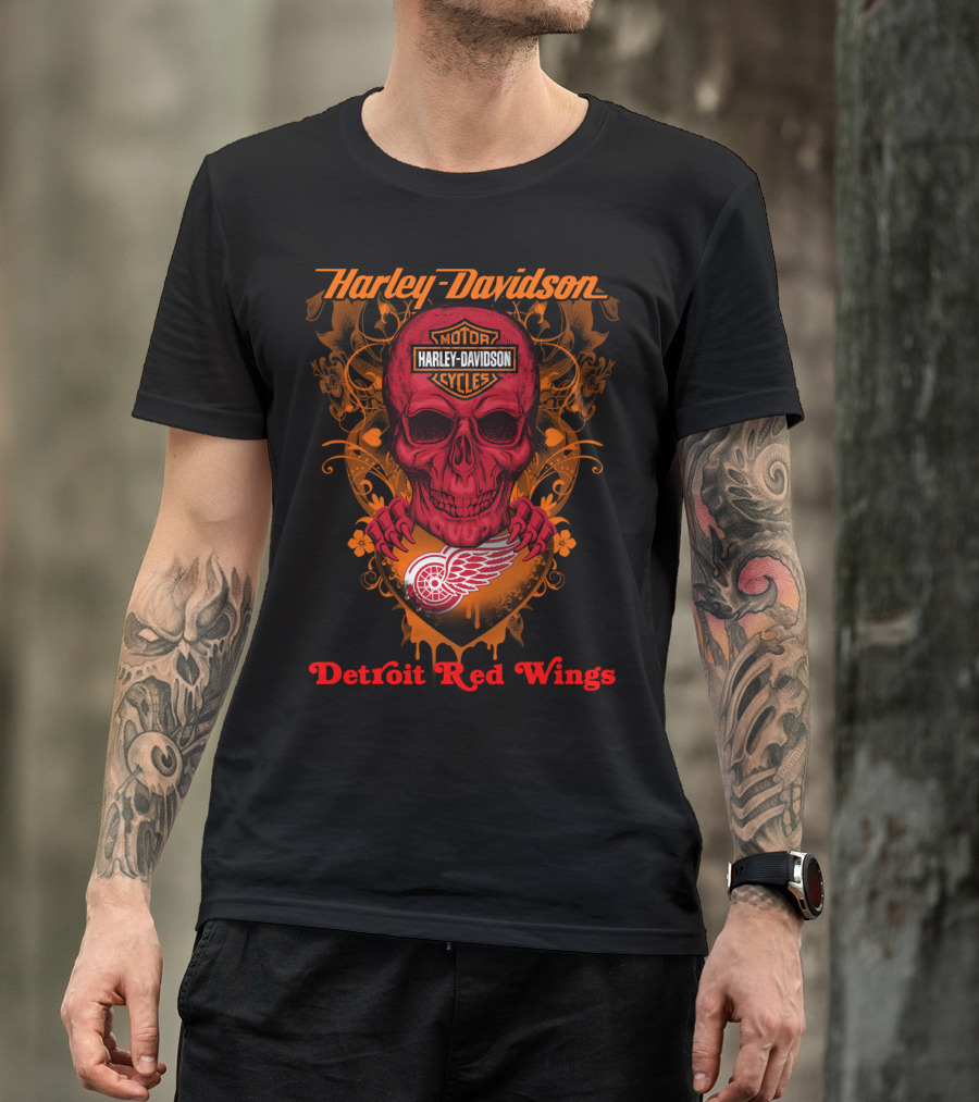 Harley Davidson Motor Cycles Skull Detroit Red Wings T-Shirt