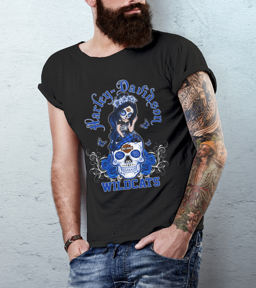 Harley Davidson Kentucky Wildcats Skull Girl With Blue Roses And Butterflies T-Shirt