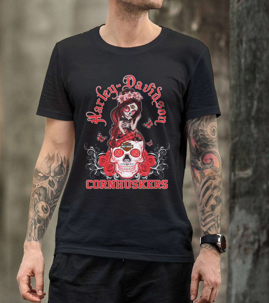 Harley Davidson Nebraska Cornhuskers Skull Roses Girl T-Shirt