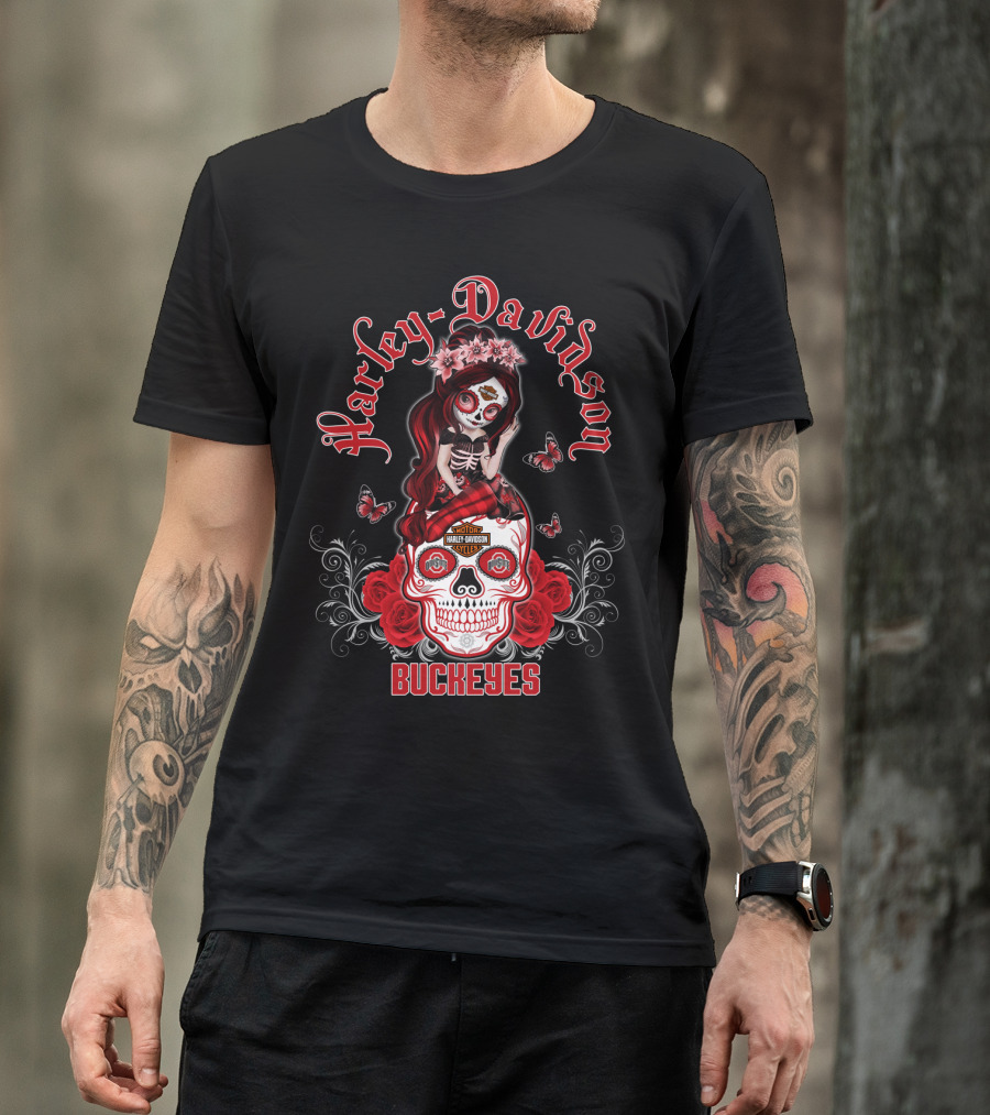 Harley Davidson Buckeyes Ohio State Skull Design Girl With Roses And Butterflies T-Shirt