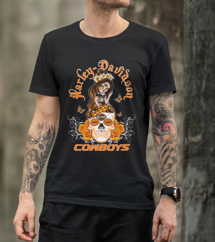 Harley Davidson Osu Cowboys Sugar Skull Roses Butterfly T-Shirt