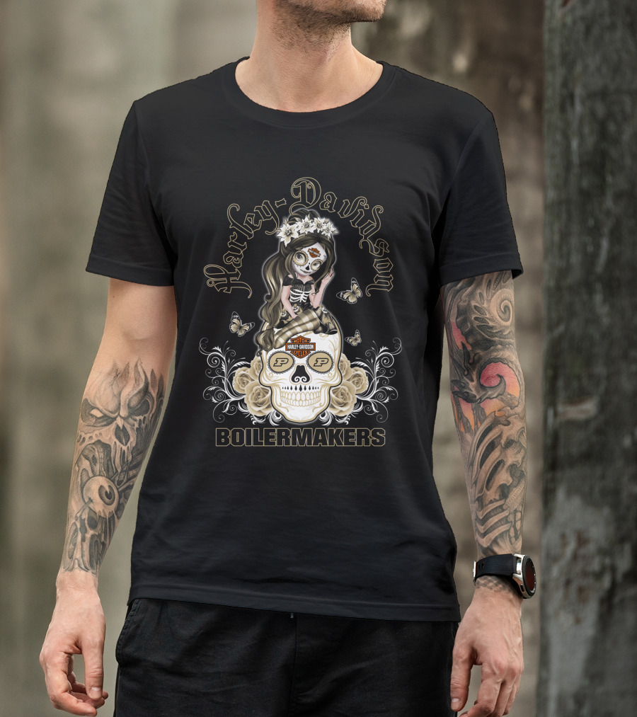 Harley Davidson Motor Cycles Boilermakers Purdue P Skull Roses Butterflies T-Shirt