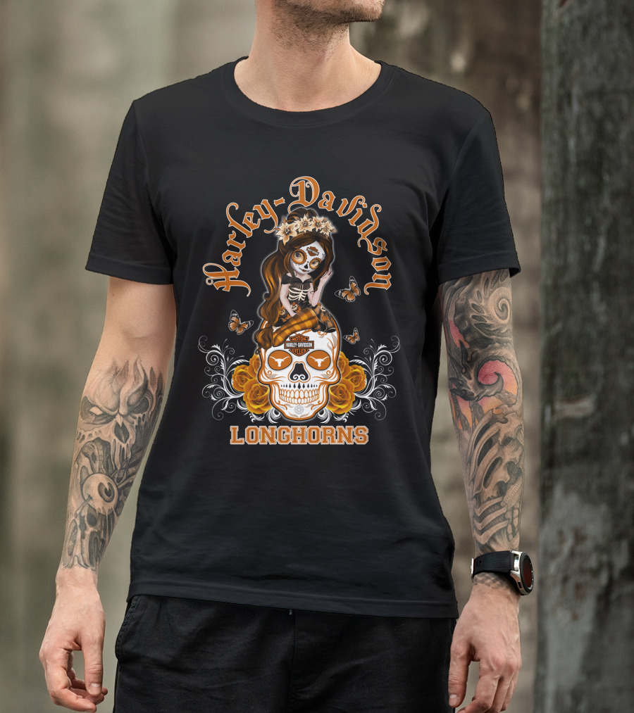 Harley Davidson Longhorns Texas Girl Skull Floral Motif T-Shirt