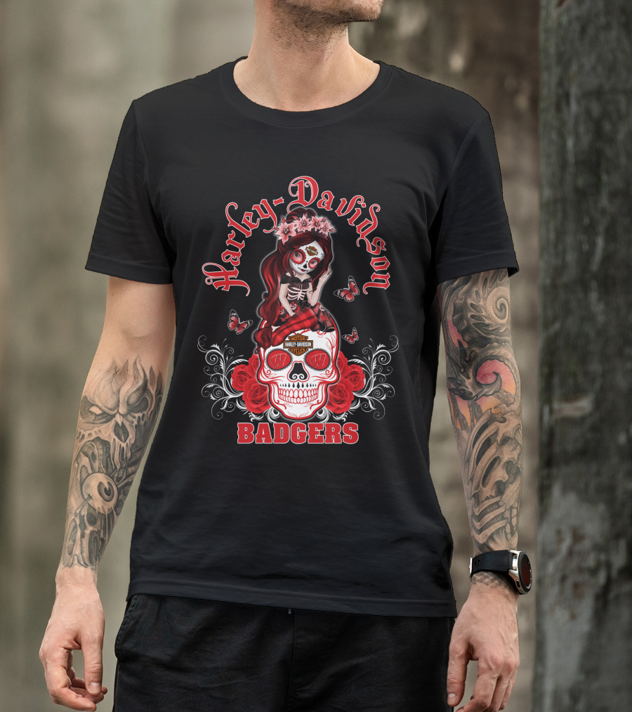 Harley Davidson Wisconsin Badgers Skull Rose Blossoms T-Shirt
