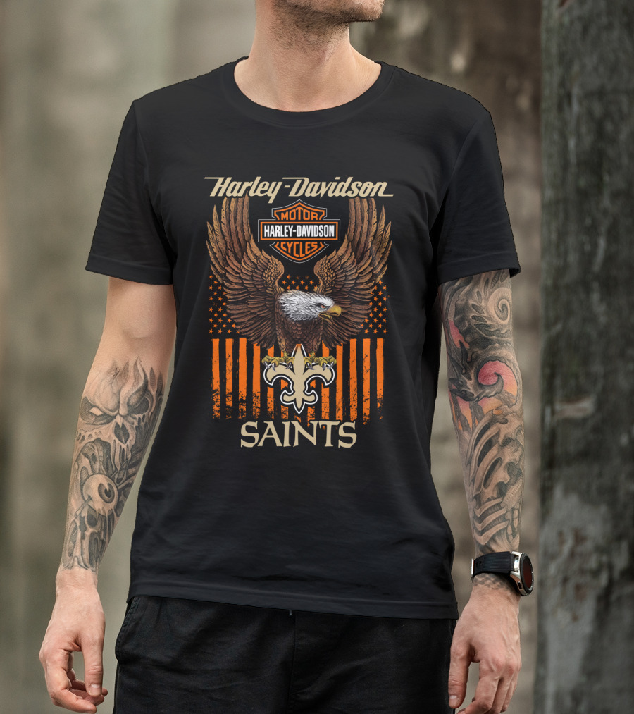Harley Davidson Motor Cycles New Orleans Saints Eagle Fleur-De-Lis T-Shirt