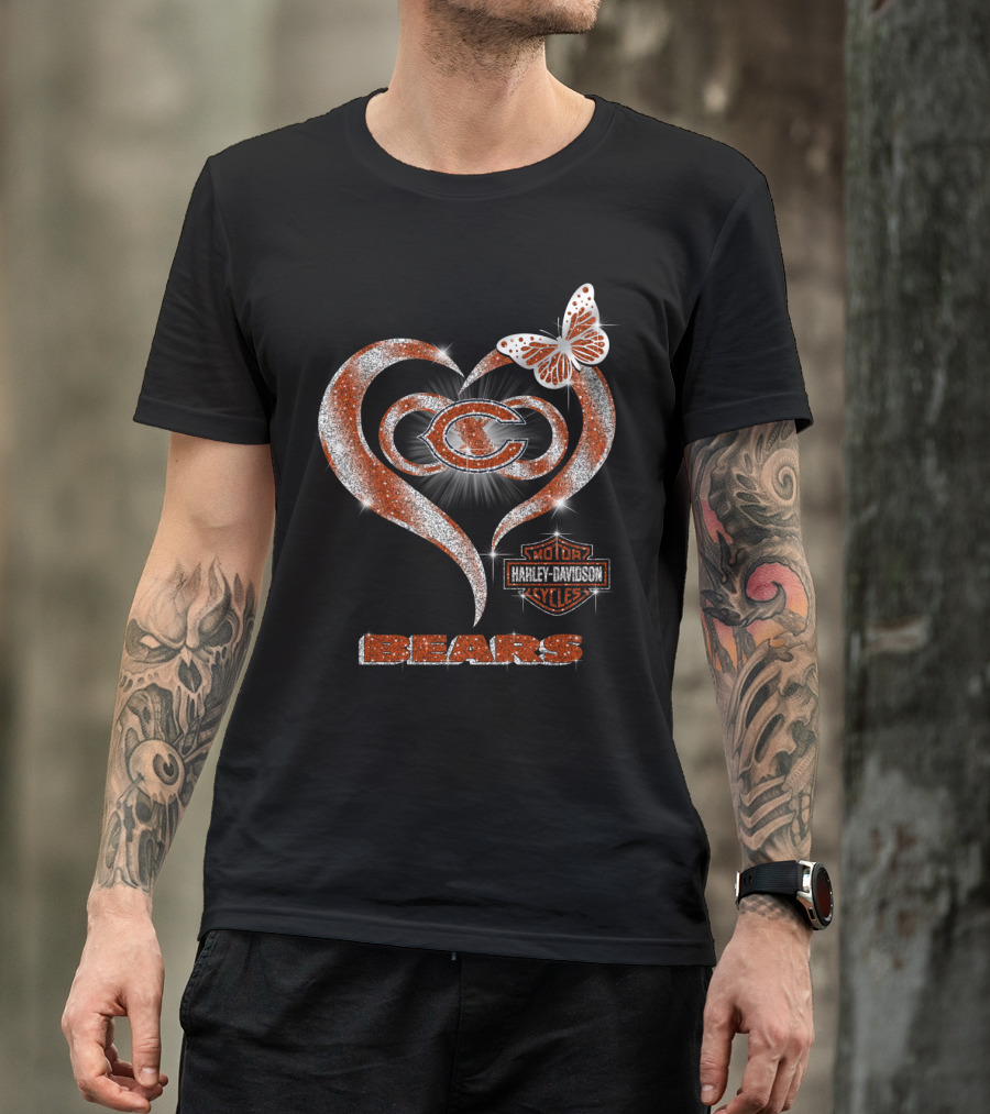 Chicago Bears Heart Harley Davidson Butterfly T-Shirt