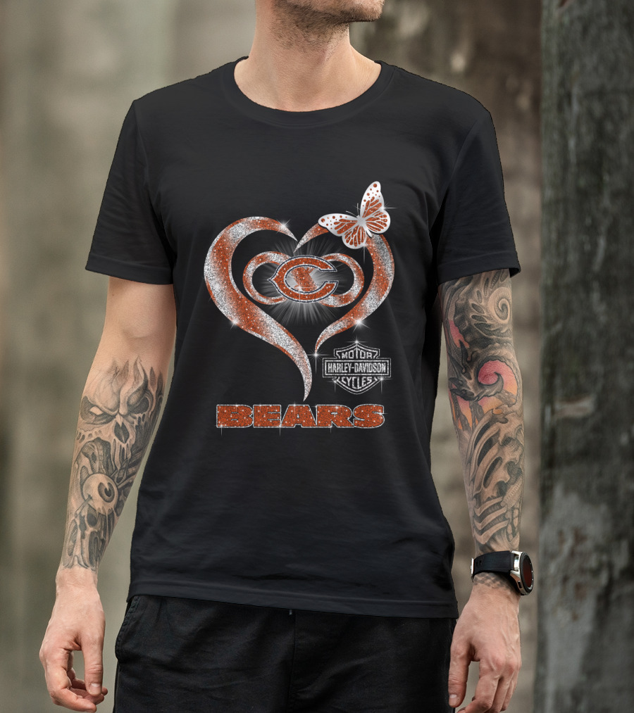Hlh01 Chicago Bears Heart Butterfly Harley Davidson Cycles T-Shirt
