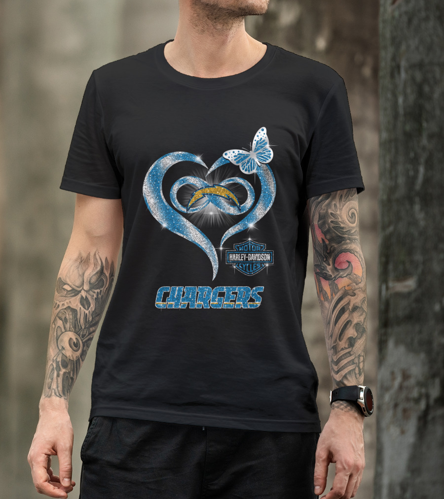 Hlh01 Los Angeles Chargers Harley Davidson Motorcycles Heart Butterfly T-Shirt