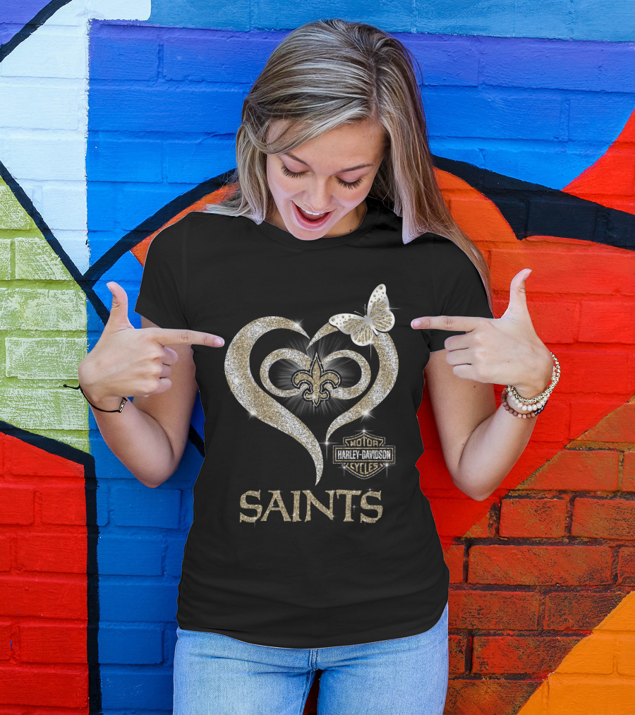 New Orleans Saints Harley Davidson Heart Fleur-De-Lis Butterfly T-Shirt