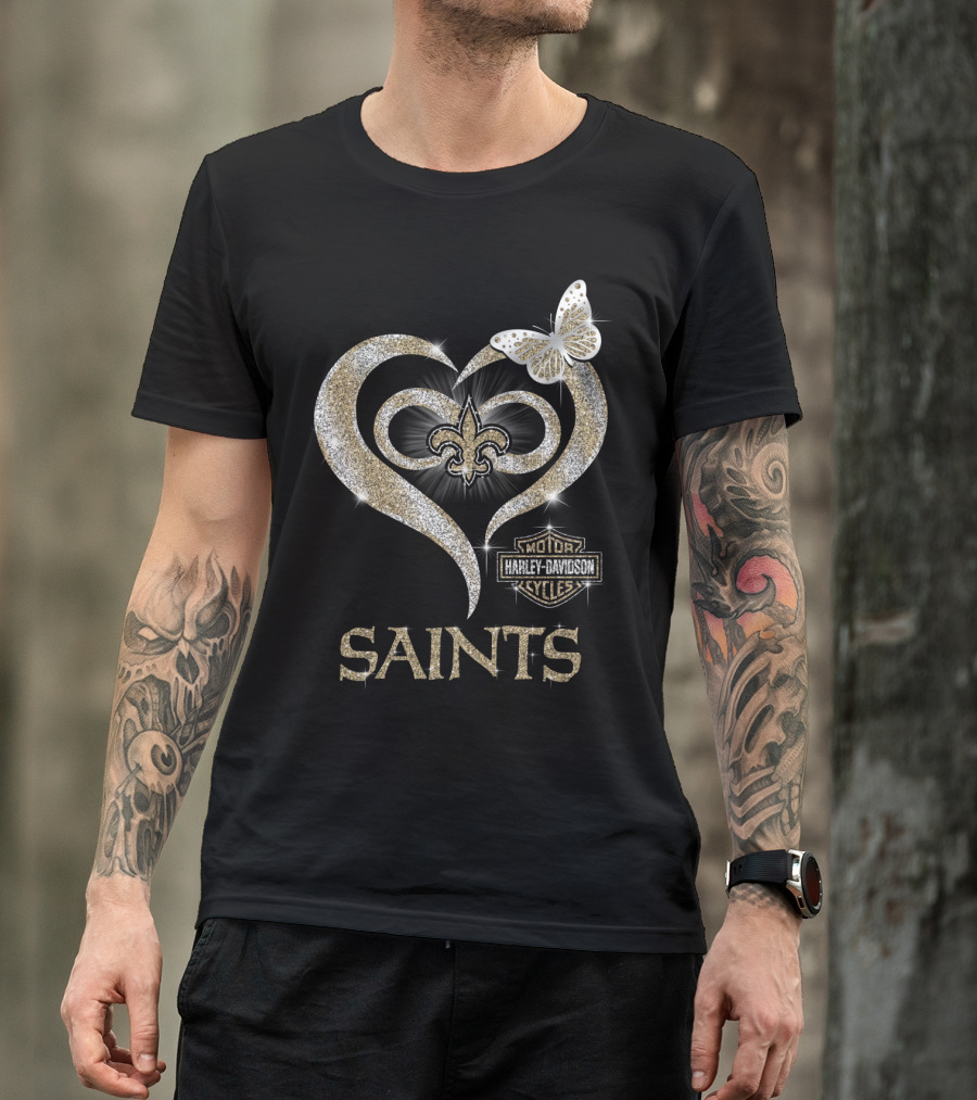 New Orleans Saints Harley Davidson Heart Fleur-De-Lis Butterfly T-Shirt
