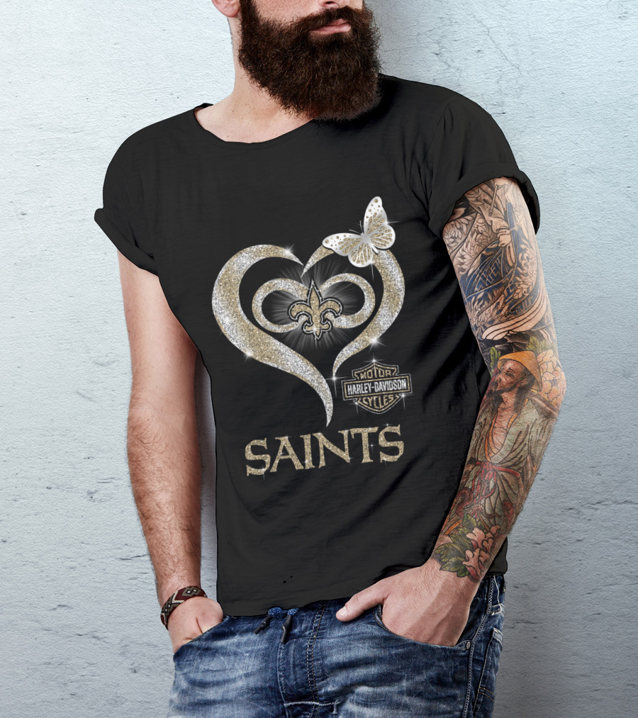 New Orleans Saints Harley Davidson Heart Fleur-De-Lis Butterfly T-Shirt