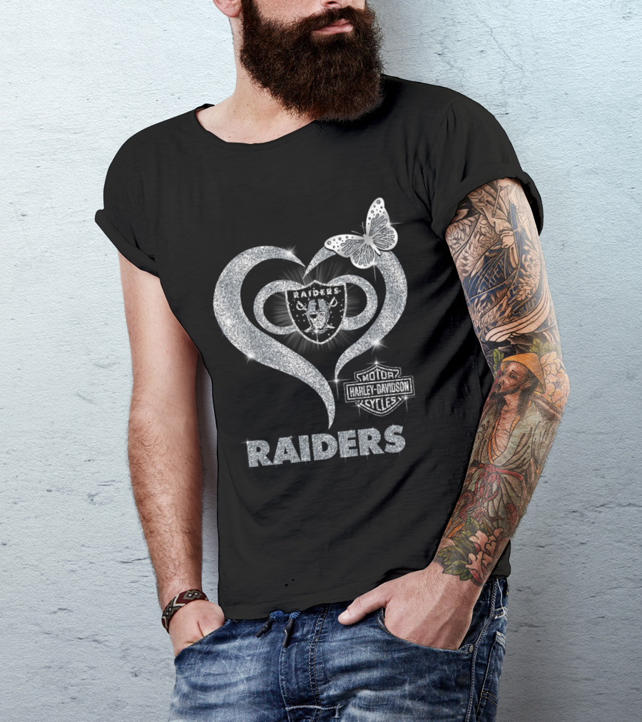 Hlh01 Raiders Harley Davidson Cycles Silver Butterfly Heart T-Shirt