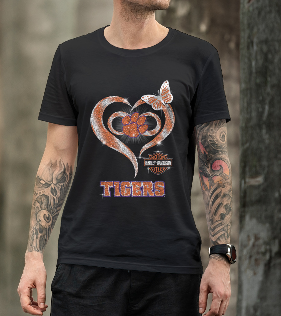 Clemson Tigers Harley Davidson Heart With Paw Print And Butterfly T-Shirt