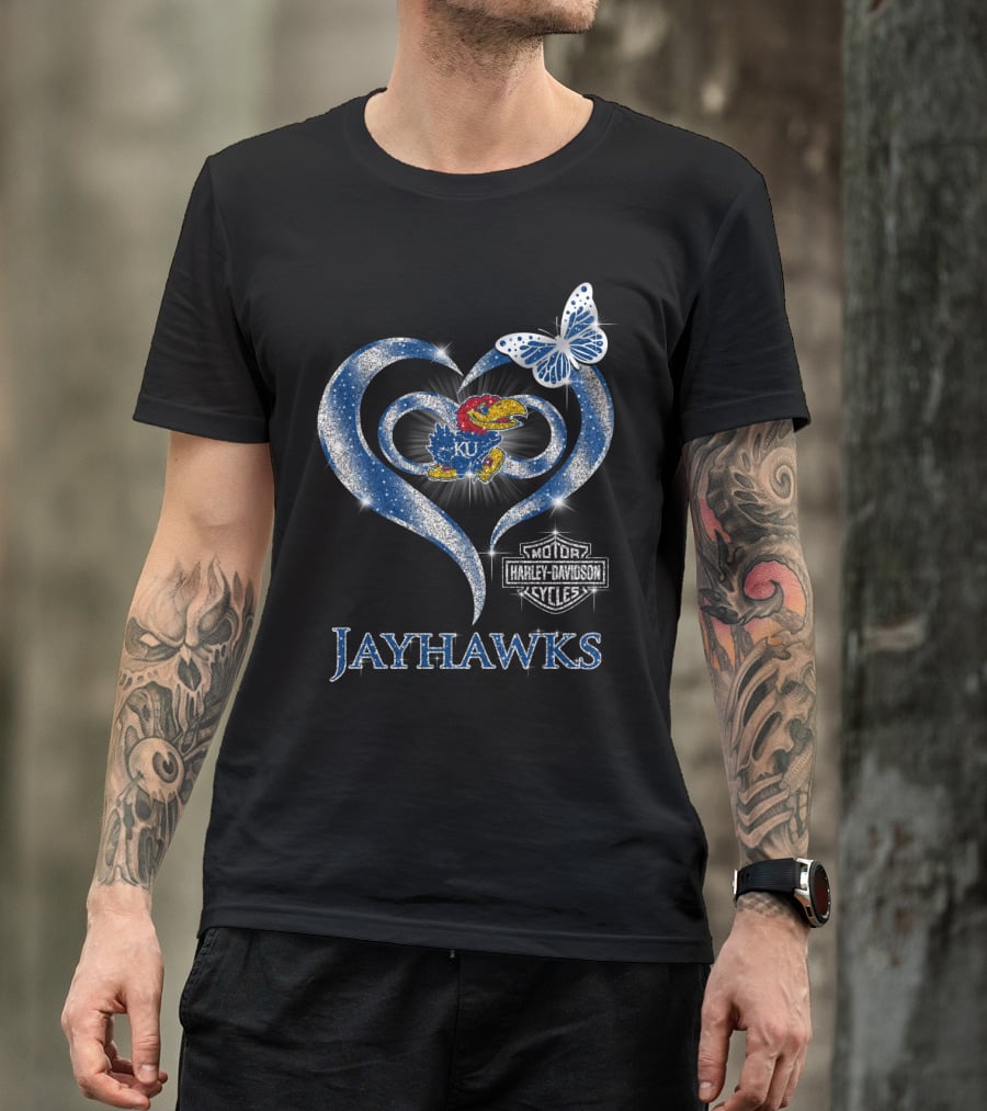 Ku Kansas Jayhawks Harley Davidson Heart Butterfly T-Shirt