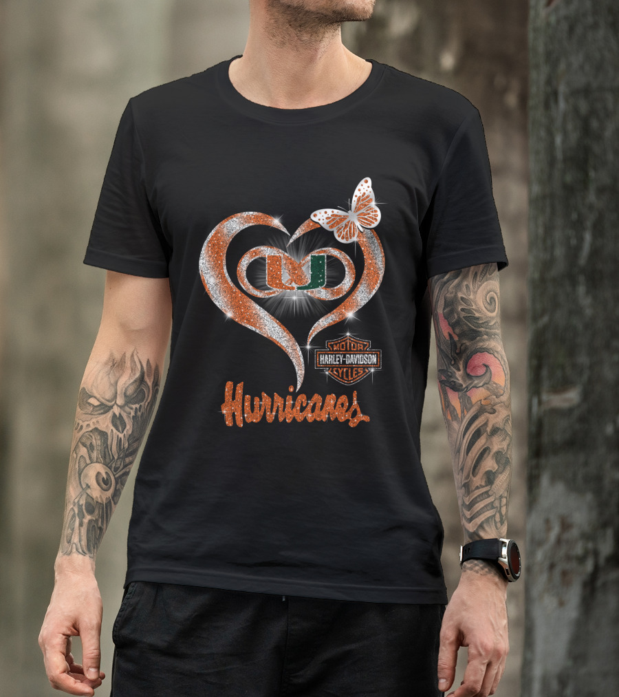 Miami Hurricanes U Heart Harley Davidson Butterfly Sparkle T-Shirt