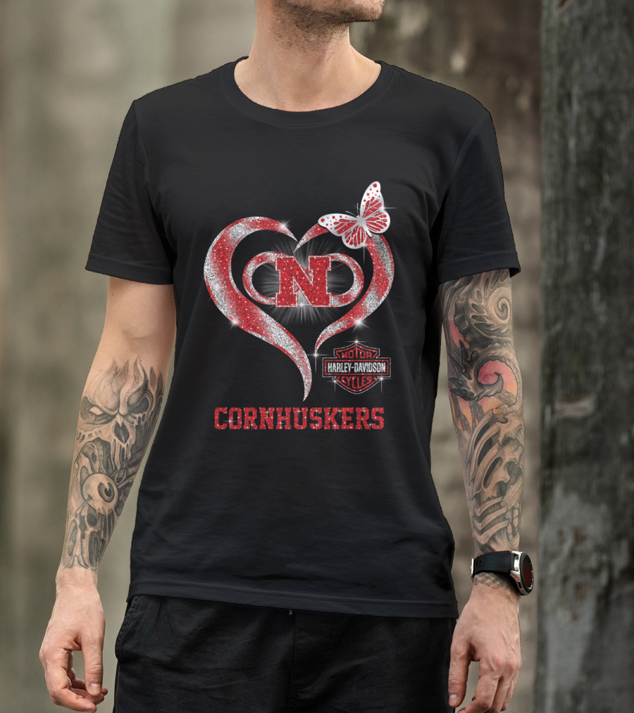Nebraska Cornhuskers Heart Butterfly Harley Davidson Styles T-Shirt