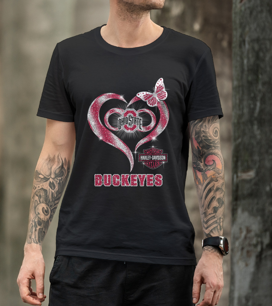 Ohio State Buckeyes Harley Davidson Heart Butterfly T-Shirt