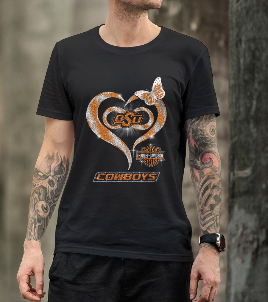 Osu Cowboys Heart Harley Davidson Sparkle Butterfly T-Shirt