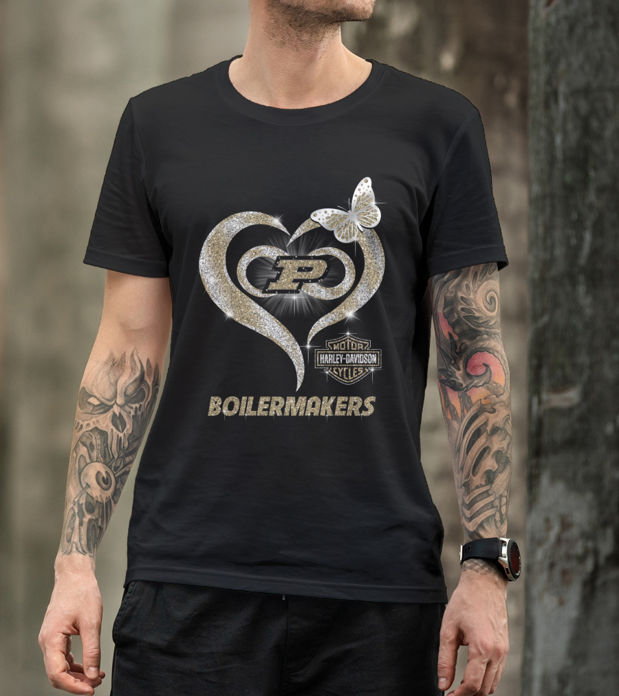 Purdue Boilermakers Harley Davidson Heart With Butterfly And P T-Shirt
