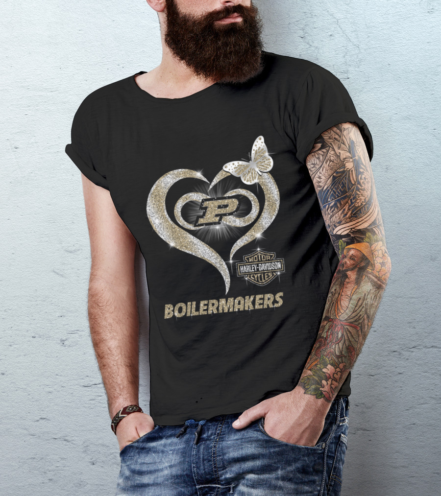 Purdue Boilermakers Harley Davidson Heart With Butterfly And P T-Shirt