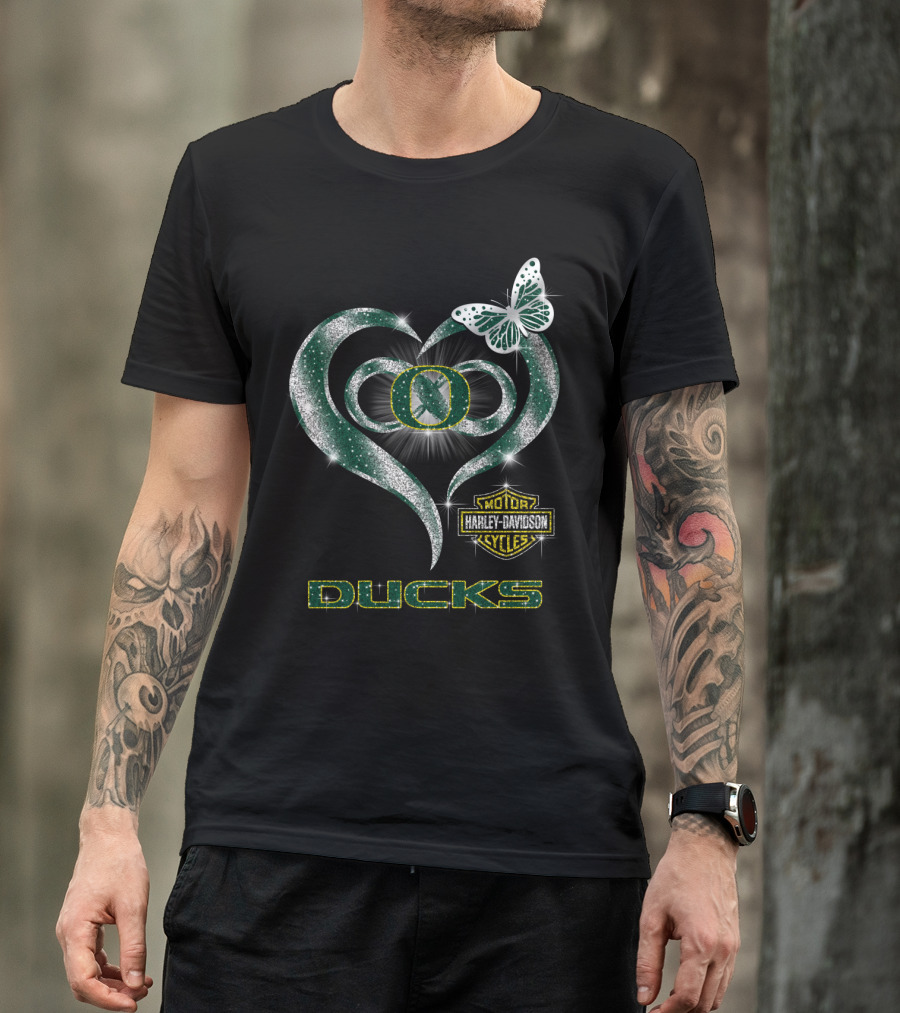 Hlh01 Oregon Ducks Harley Davidson Heart Butterfly T-Shirt