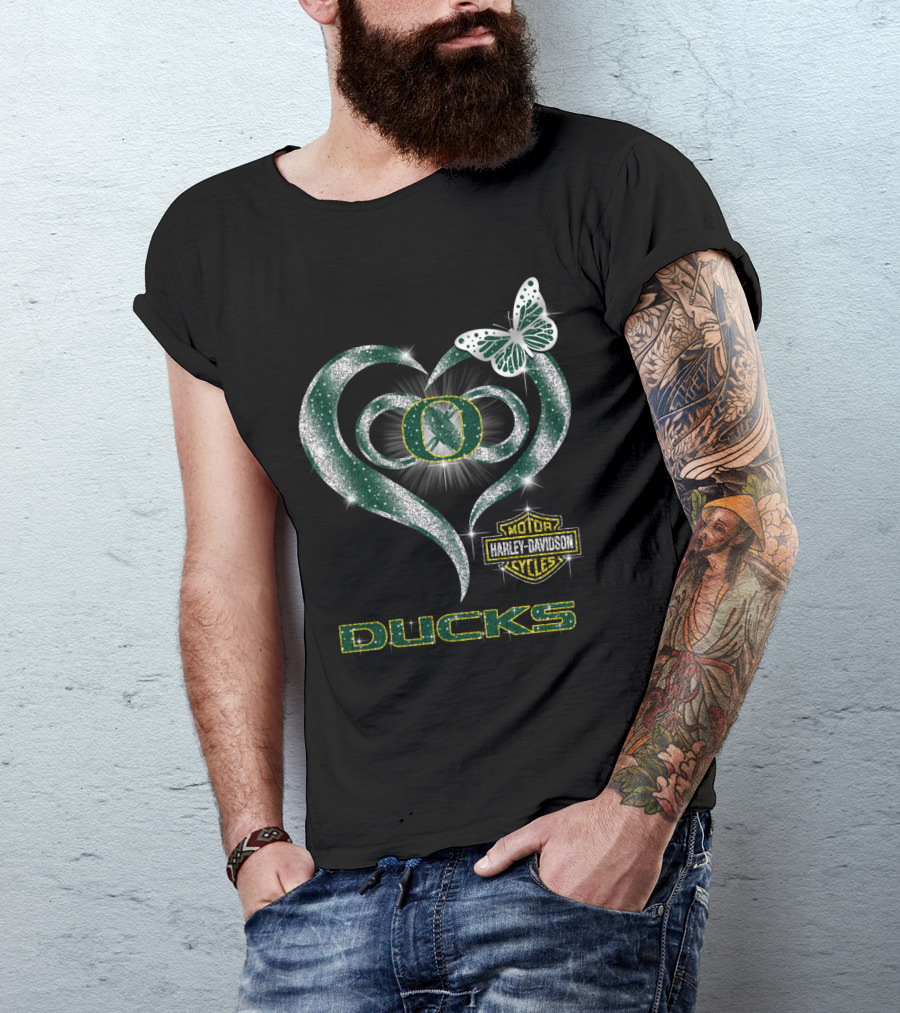 Hlh01 Oregon Ducks Harley Davidson Heart Butterfly T-Shirt