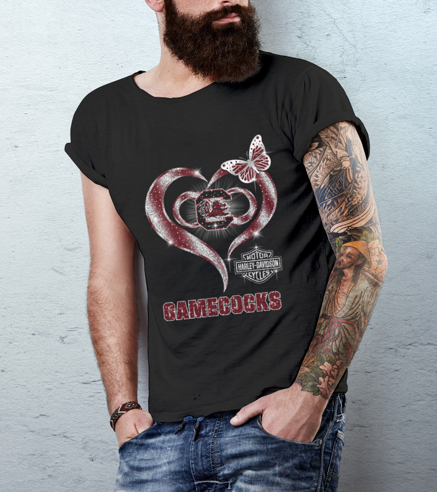 Harley Davidson Gamecocks Heart Butterfly Logo South Carolina T-Shirt