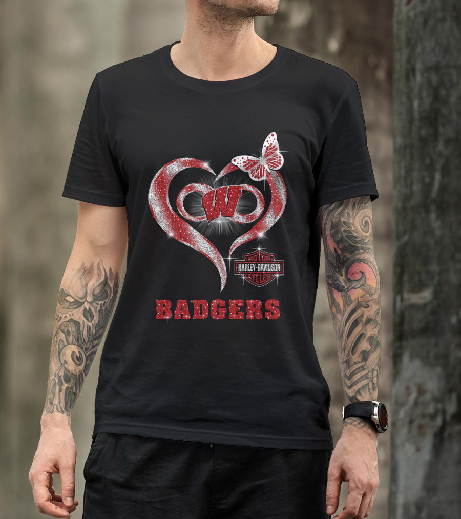 Wisconsin Badgers W Heart Harley Davidson Styles Butterfly T-Shirt