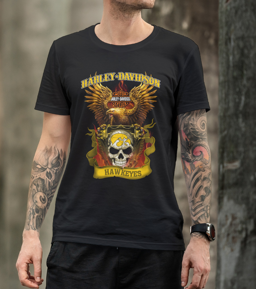 Harley Davidson Motorcycles Hawkeyes Iowa Hawkeyes Eagle Skull Flame T-Shirt