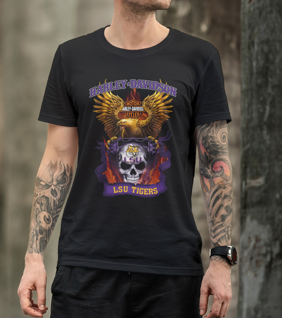 Harley Davidson Lsu Tigers Skull Eagle Motorcycles T-Shirt