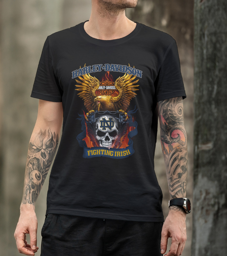 Harley Davidson Eagle Notre Dame Fighting Irish Skull T-Shirt