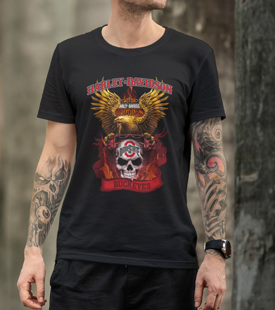 Harley Davidson Ohio State Buckeyes Skull And Eagle Motif T-Shirt