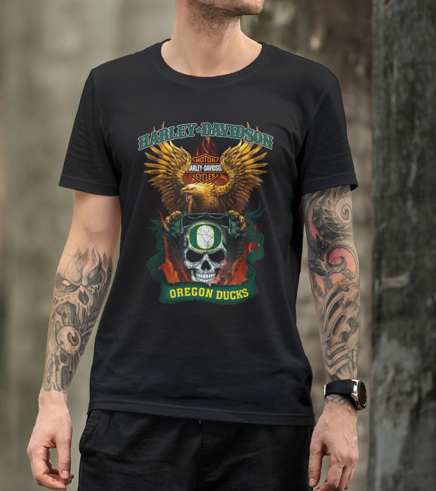 Harley Davidson Oregon Ducks Skull And Eagle T-Shirt