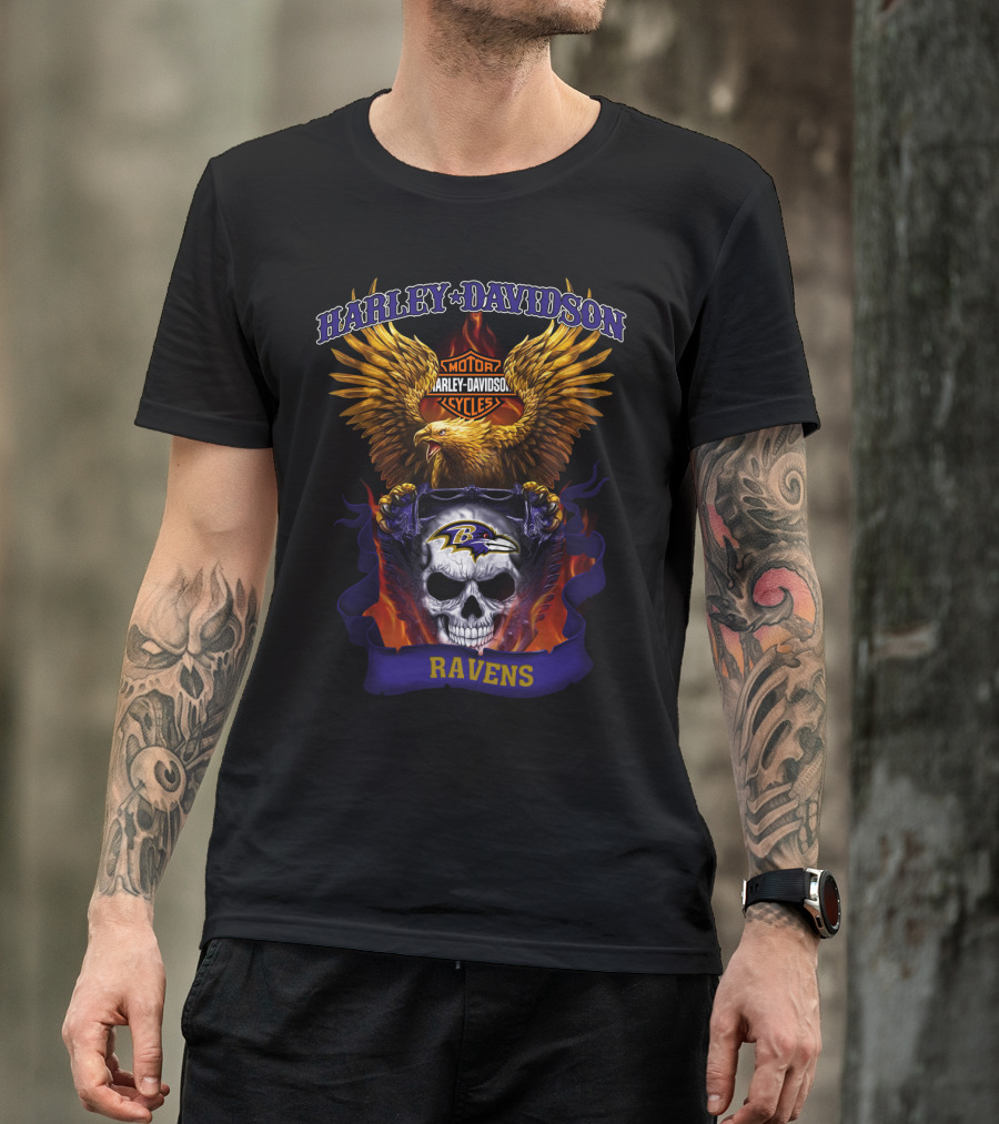 Harley Davidson Motorcycles Baltimore Ravens Eagles Skull T-Shirt