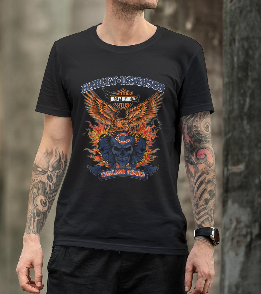 Harley Davidson Motor Cycles Chicago Bears Flame Skull T-Shirt