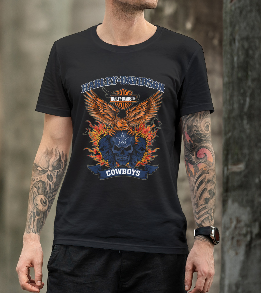 Harley Davidson Motorcycles Cowboys Skull Flames Eagle T-Shirt